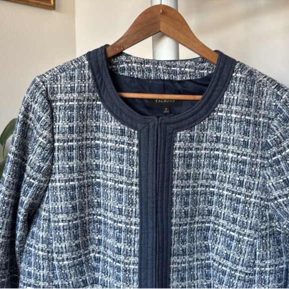 Talbots Tweed Crew Chambray trim Blazer Jacket Sz 16/XL Navy Blue White Fringe - Picture 6 of 16